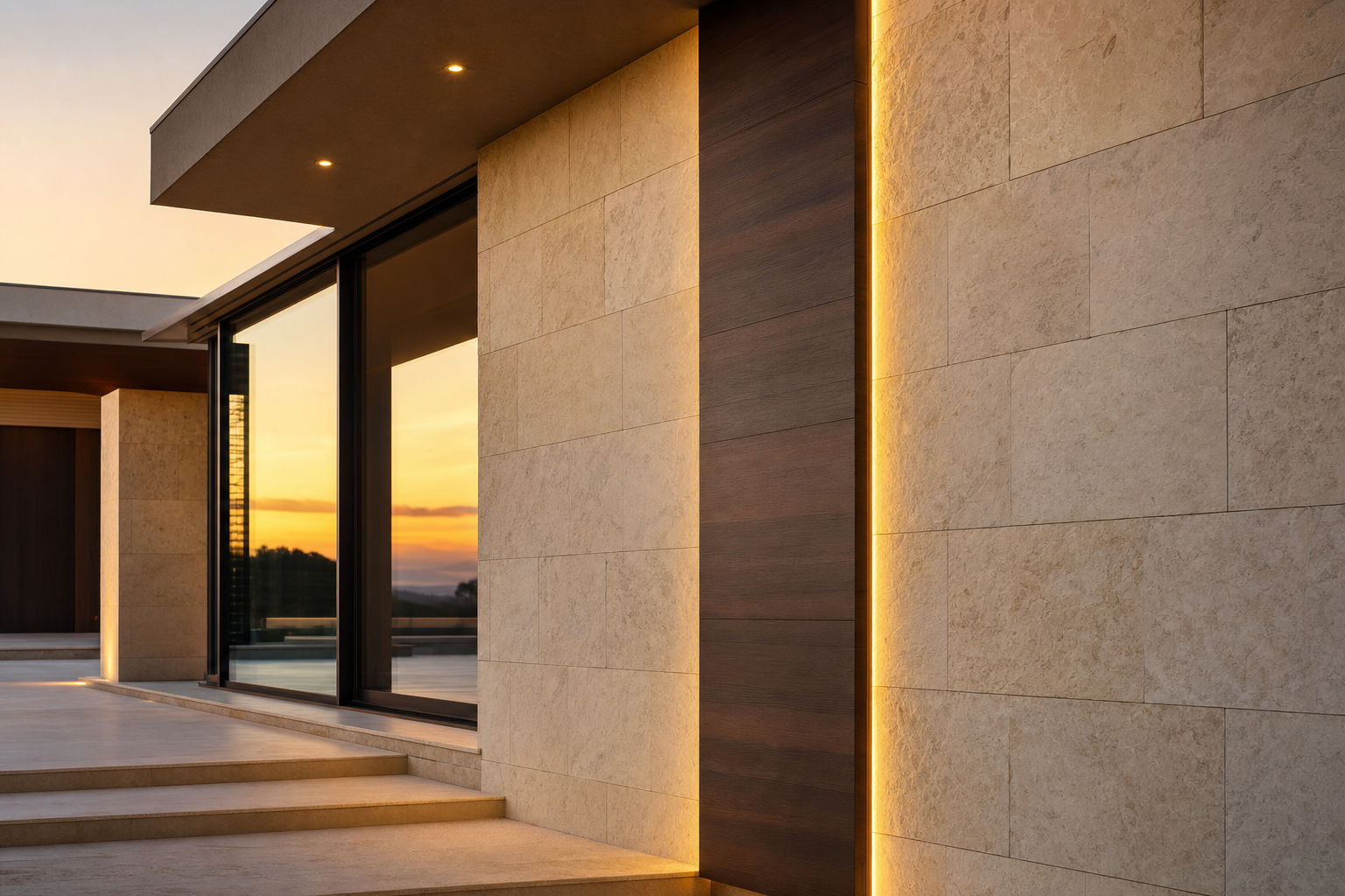 Architectural detail of a luxury DFW home with warm limestone and glass at golden hour