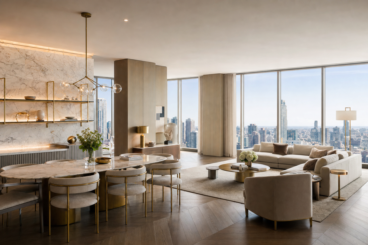 Elegant condo interior with city view and gold accents