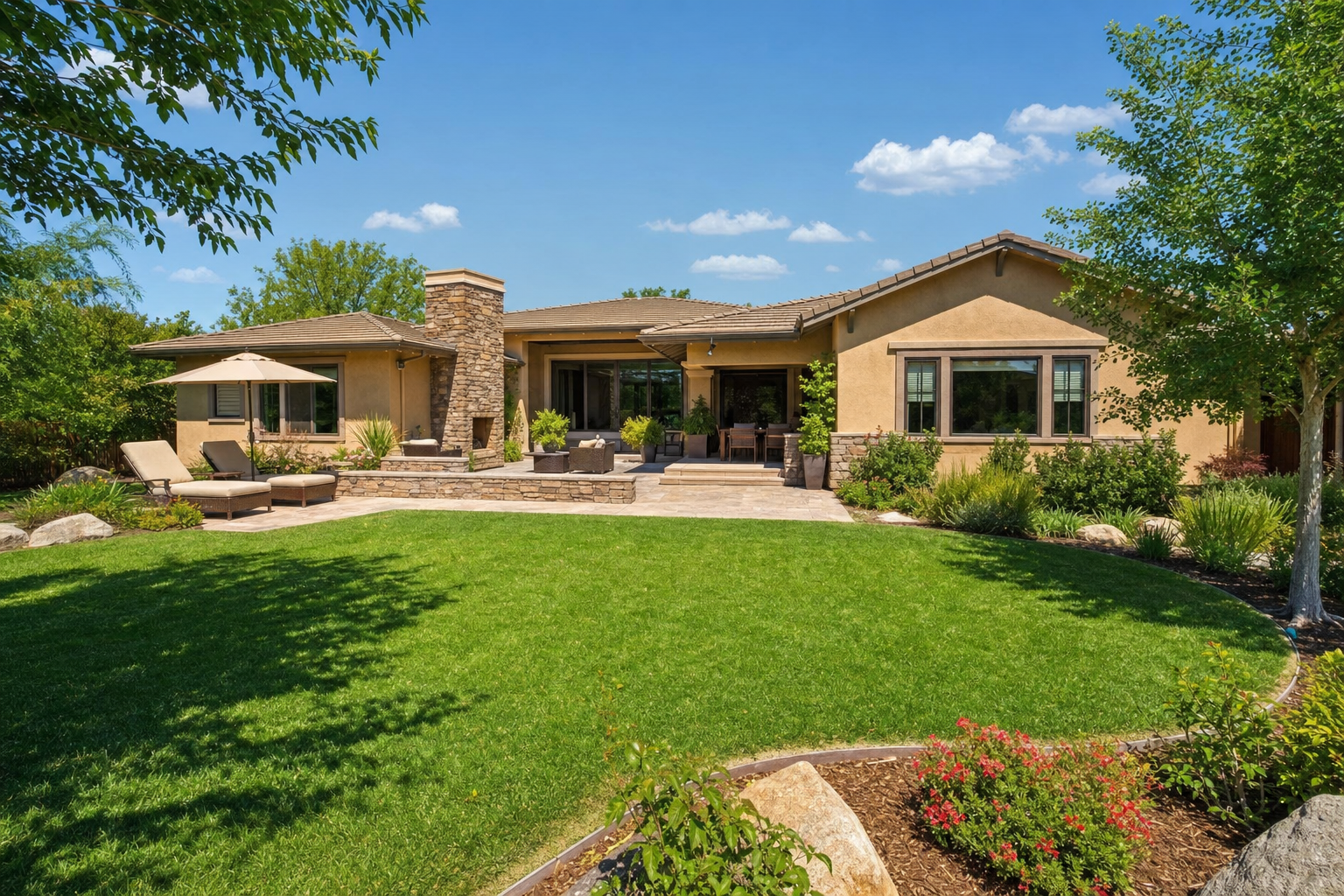 Modern ranch-style home with a backyard patio and outdoor fireplace